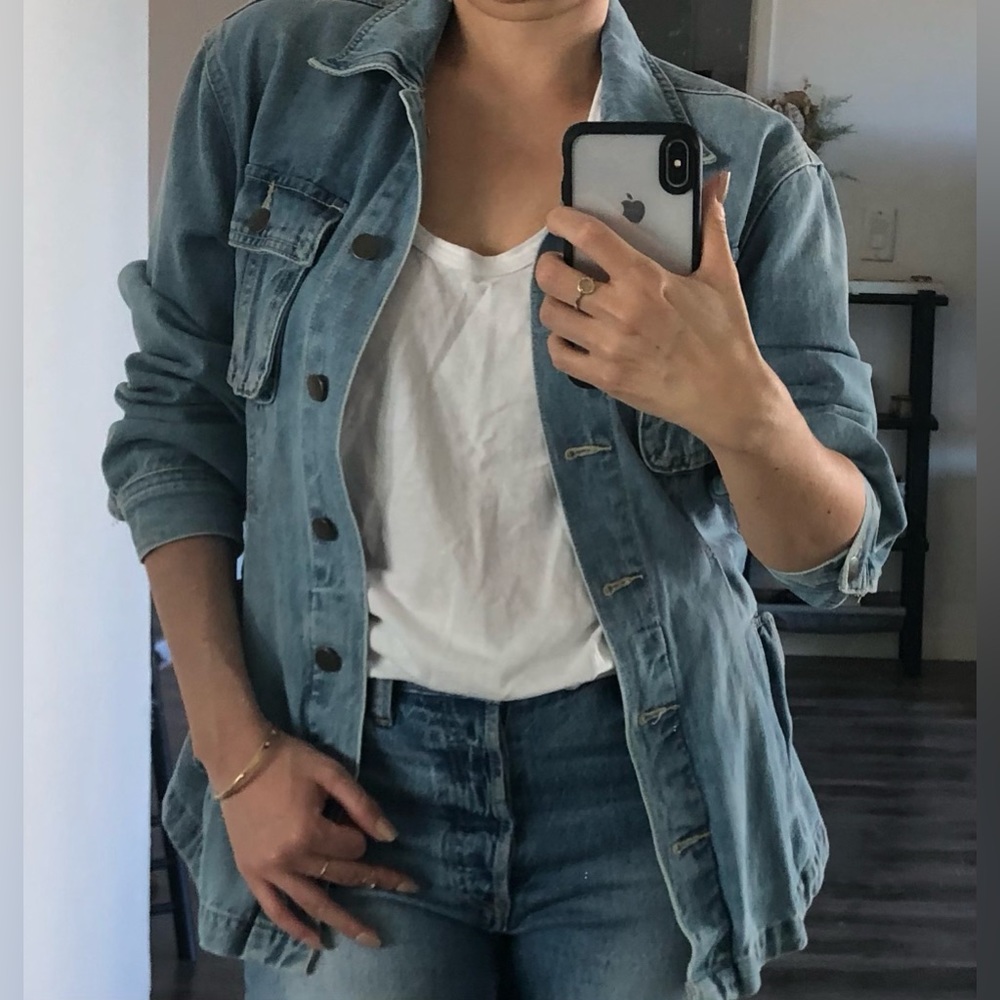 Blank NYC Left On Read Denim Jean Jacket Peplum Cropped Trench Belted Small - Picture 3 of 9